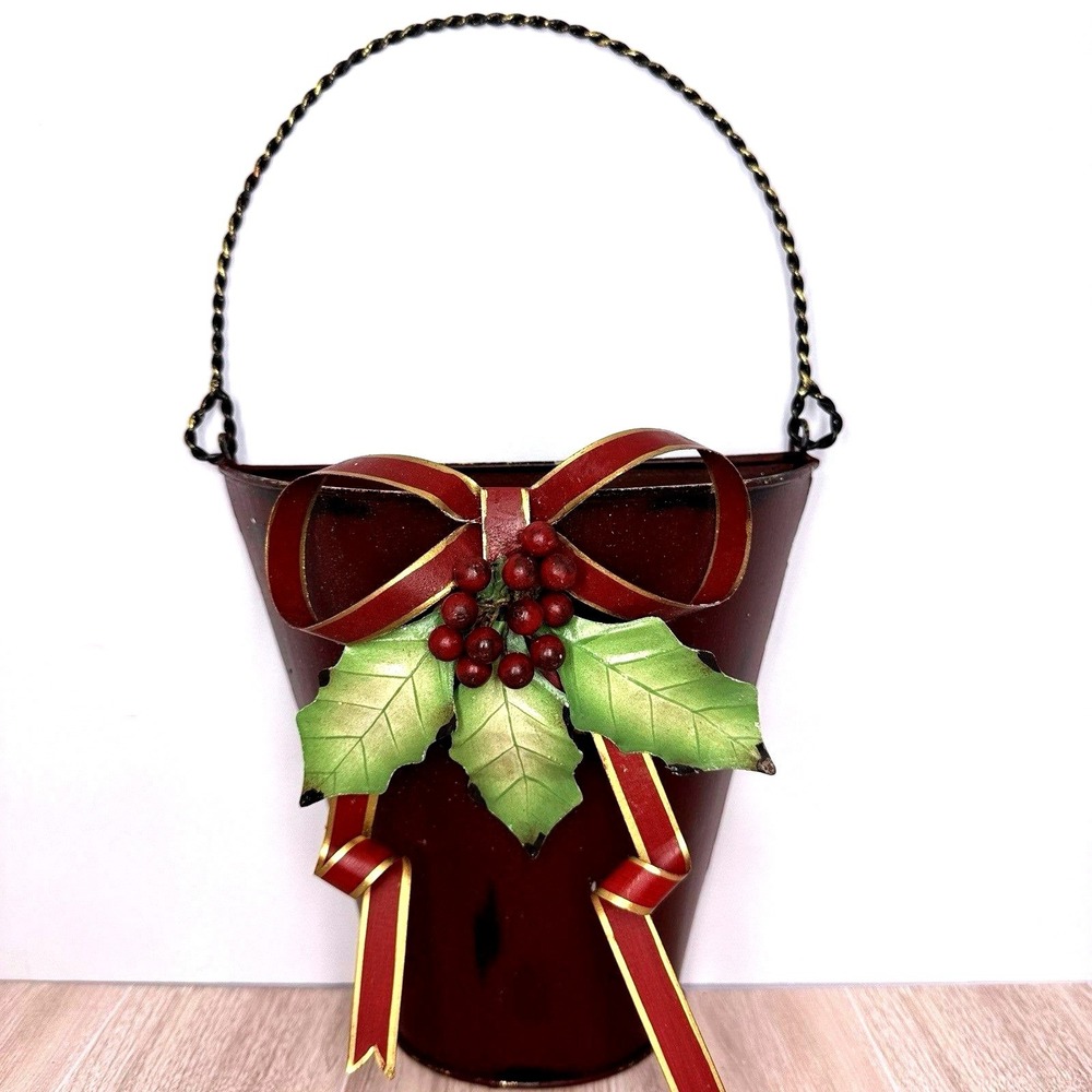 Vintage Metal Wall Pocket Christmas Decor Basket Holly Berries Hanging